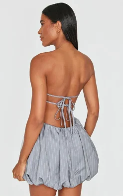 Grey Pinstripe Bandeau Tie Back Puffball Mini Dress