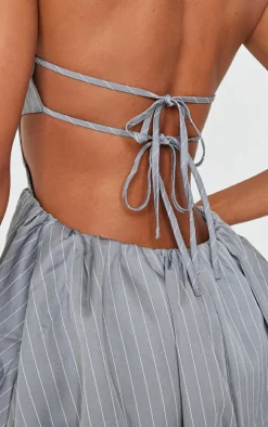 Grey Pinstripe Bandeau Tie Back Puffball Mini Dress