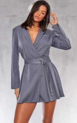 Grey Pinstripe Belted Blazer Dress