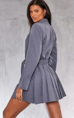 Grey Pinstripe Belted Blazer Dress