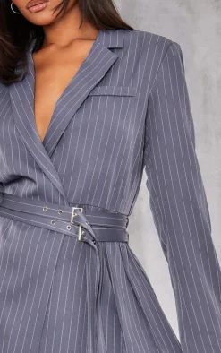 Grey Pinstripe Belted Blazer Dress
