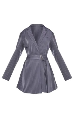 Grey Pinstripe Belted Blazer Dress