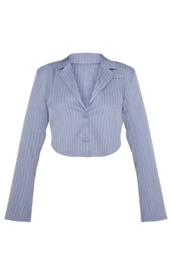 Grey Pinstripe Curved Hem Cropped Blazer
