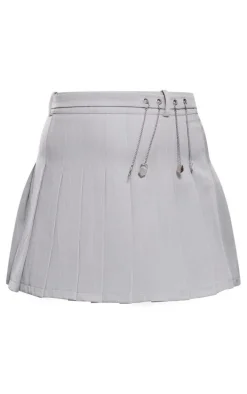 Grey Pinstripe Pleated Metal Trim Mini Skirt