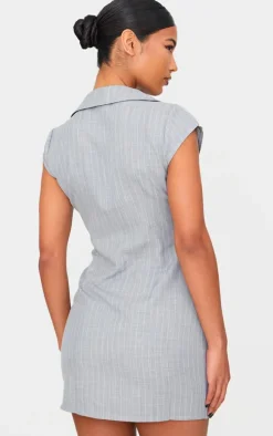 Grey Pinstripe Pocket Detail Zip Up Mini Dress