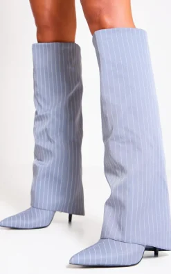 Grey Pinstripe Point Toe Fold Over Knee High Stiletto Heeled Boots