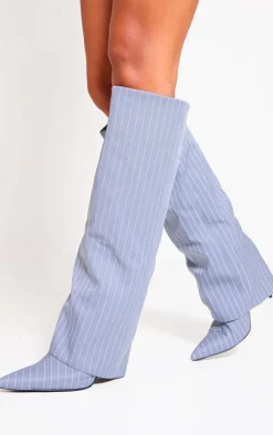 Grey Pinstripe Point Toe Fold Over Knee High Stiletto Heeled Boots
