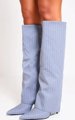 Grey Pinstripe Point Toe Fold Over Knee High Stiletto Heeled Boots