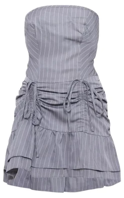 Grey Pinstripe Tailored Woven Ruched Tiered Shift Dress