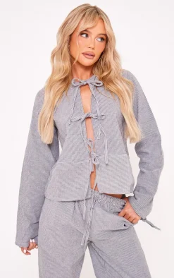 Grey Pinstripe Tie Front Shirt