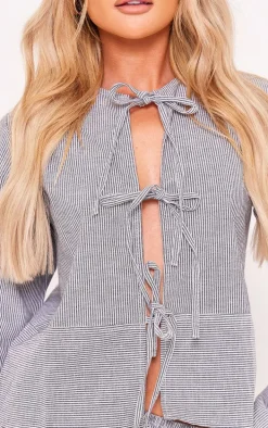 Grey Pinstripe Tie Front Shirt