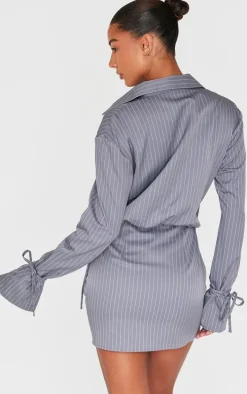 Grey Pinstripe Wrap Shift Dress