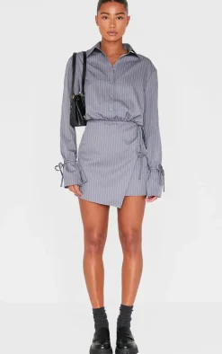 Grey Pinstripe Wrap Shift Dress