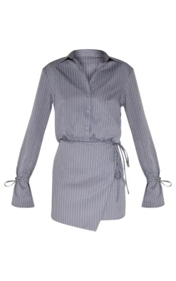 Grey Pinstripe Wrap Shift Dress