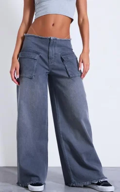 Grey Pocket Detail Frayed Hem Wide Leg Jeans