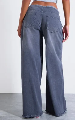 Grey Pocket Detail Frayed Hem Wide Leg Jeans