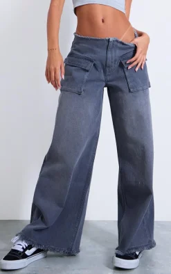 Grey Pocket Detail Frayed Hem Wide Leg Jeans