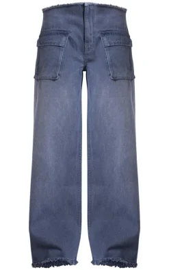 Grey Pocket Detail Frayed Hem Wide Leg Jeans