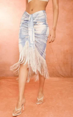 Grey Pot Print Tassel Hem Midi Skirt