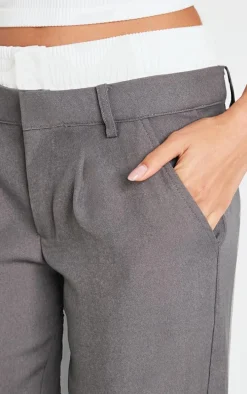 Grey Premium Woven Double Waistband Tailored Pants