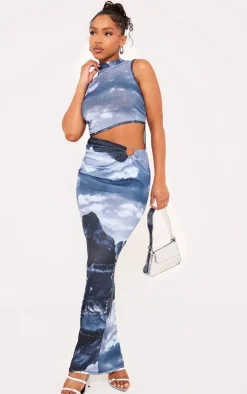 Grey Print Mesh High Neck Sleeveless Maxi Dress