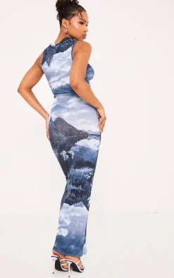 Grey Print Mesh High Neck Sleeveless Maxi Dress