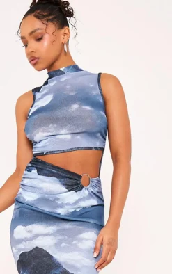 Grey Print Mesh High Neck Sleeveless Maxi Dress