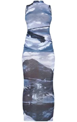 Grey Print Mesh High Neck Sleeveless Maxi Dress