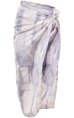 Grey Print Satin Knot Side Midaxi Skirt