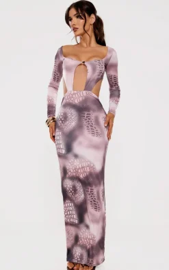 Grey Printed Double Layer Slinky Long Sleeve Midaxi Dress