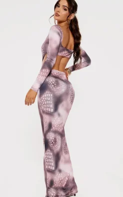 Grey Printed Double Layer Slinky Long Sleeve Midaxi Dress