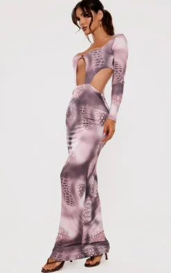 Grey Printed Double Layer Slinky Long Sleeve Midaxi Dress