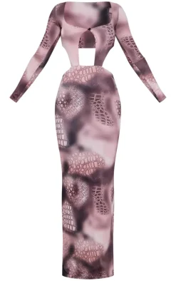 Grey Printed Double Layer Slinky Long Sleeve Midaxi Dress