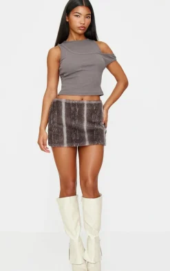 Grey Printed Faux Fur Micro Mini