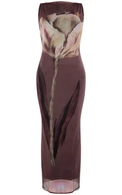 Grey Printed Mesh Floral Print Maxi Dress