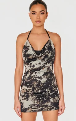 Grey Printed Slinky Cowl Neck Mini Dress