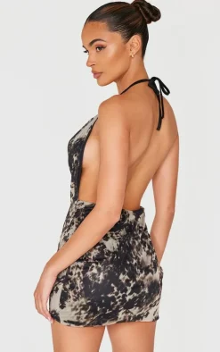 Grey Printed Slinky Cowl Neck Mini Dress