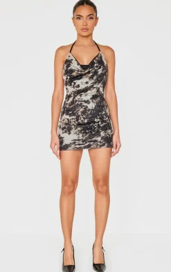 Grey Printed Slinky Cowl Neck Mini Dress