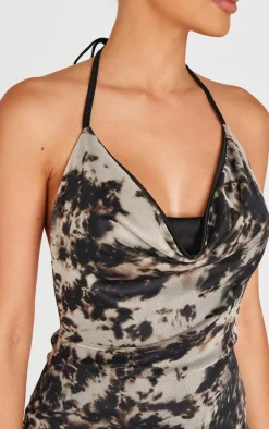 Grey Printed Slinky Cowl Neck Mini Dress