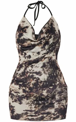 Grey Printed Slinky Cowl Neck Mini Dress