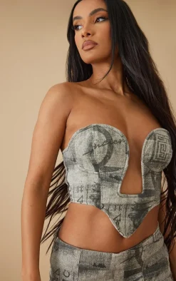 Grey Printed Structured Dipped Corset Denim Top