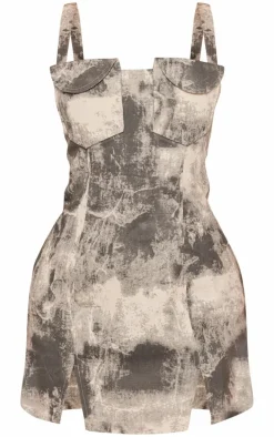 Grey Printed Woven Pocket Detail Shift Dress