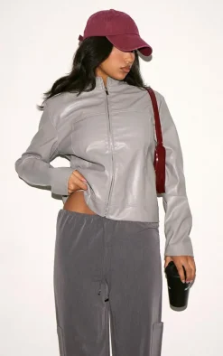 Grey PU Racer Neck Jacket