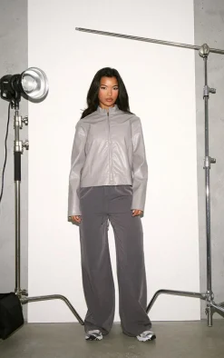 Grey PU Racer Neck Jacket