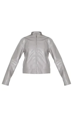 Grey PU Racer Neck Jacket