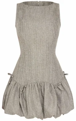 Grey Puffball Bow Details Shift Dress