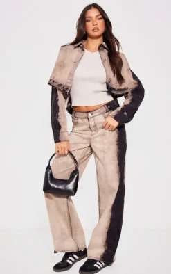 Grey Raw Hem Bleach Wash Wide Leg Denim Jeans