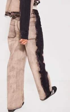 Grey Raw Hem Bleach Wash Wide Leg Denim Jeans