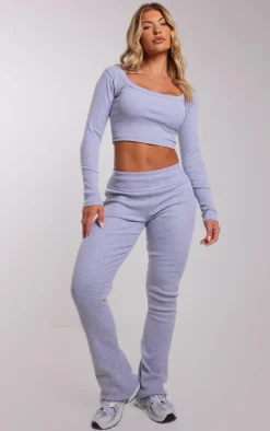 Grey Rib Fold Over Waist Flared Pants