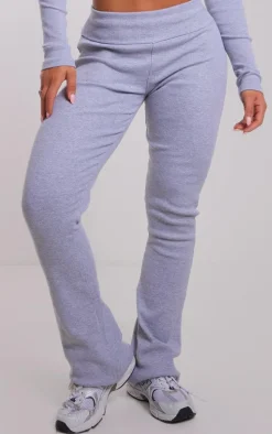 Grey Rib Fold Over Waist Flared Pants